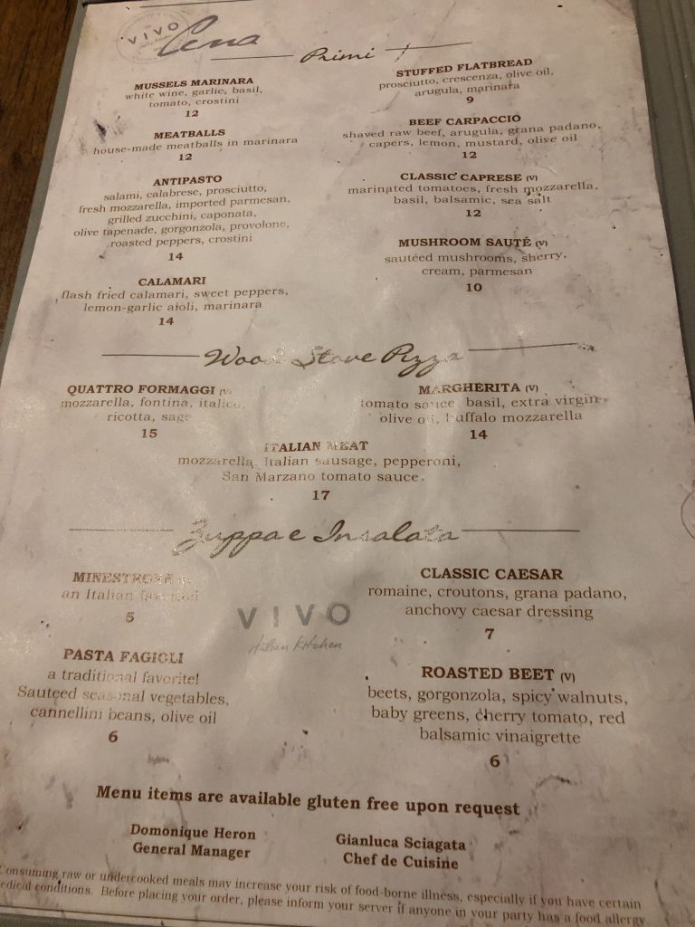 Cardápio Vivo Italian Kitchen